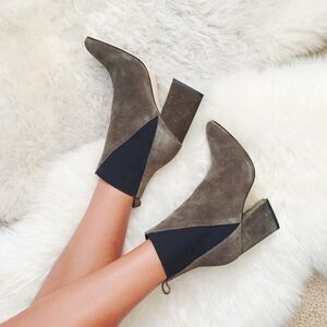 ASKA Genuine Taupe Suede Pointed Toe Block Heel Short Booties
